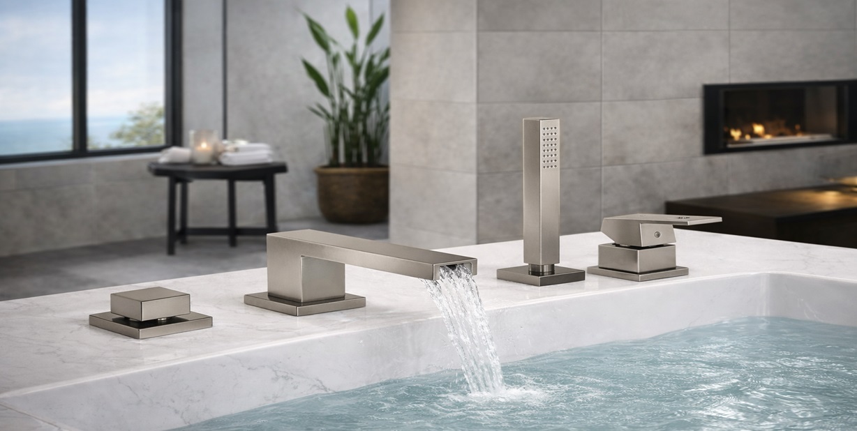 Fontana Pahua FS7914BN deck mounted bathtub faucet with hand shower in brushed nickel